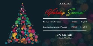 1 minute animated video 



Sales training campaign (9 videos)
$4,500
$58,500
$3,500



$44,000
Offer expires December 31, 2017
727-447-3600

info@richter10point2.com
 