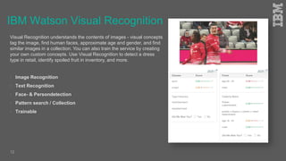 IBM Watson Visual Recognition
Visual Recognition understands the contents of images - visual concepts
tag the image, find human faces, approximate age and gender, and find
similar images in a collection. You can also train the service by creating
your own custom concepts. Use Visual Recognition to detect a dress
type in retail, identify spoiled fruit in inventory, and more.
 Image Recognition
 Text Recognition
 Face- & Persondetection
 Pattern search / Collection
 Trainable
12
 