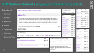 IBM Watson Natural Language Unterstanding (NLU)
Extraction of
• Sentiment
• Emotion
• Keywords
• Entities
• Categories
• Concepts
• Semantic Roles
26
 