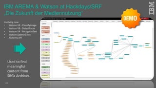 Involving now:
• Watson VR - ClassifyImage
• Watson VR - DetectFaces
• Watson VR - RecognizeText
• Watson Speech2Text
• Alchemy API
Used to find
meaningful
content from
SRGs Archives
45
IBM AREMA & Watson at Hackdays/SRF
„Die Zukunft der Mediennutzung“
 