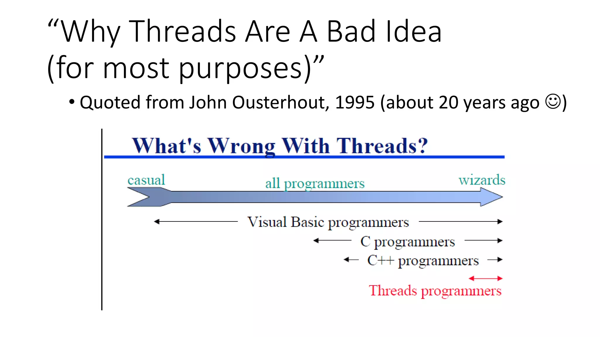 “Why Threads Are A Bad Idea
(for most purposes)”
• Quoted from John Ousterhout, 1995 (about 20 years ago ☺)
 
