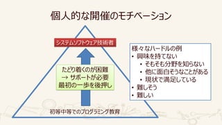 個人的な開催のモチベーション
初等中等でのプログラミング教育
システムソフトウェア技術者
たどり着くのが困難
→ サポートが必要
最初の一歩を後押し
様々なハードルの例
• 興味を持てない
• そもそも分野を知らない
• 他に面白そうなことがある
• 現状で満足している
• 難しそう
• 難しい
 