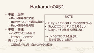 Hackaradeの流れ
• 午前：座学
– Ruby開発者の文化
– Rubyソースコード構造の紹介
– Ruby開発の最先端
• 午後：開発
– ハックのアイデアの紹介
– 好きなテーマでハック
• 夜：パーティー
– ご飯を食べながら、自分のハックの紹介
NOTE
• Ruby インタプリタは C で記述されている
• ほとんどのエンジニアは C を知らない
• Ruby コードの詳細を説明しない
→ いくつかのサンプルを提示し、
勘で変更して、と指示
 