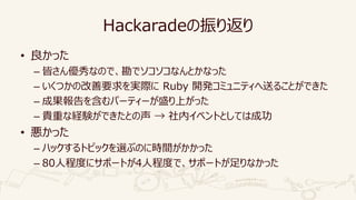 Hackaradeの振り返り
• 良かった
– 皆さん優秀なので、勘でソコソコなんとかなった
– いくつかの改善要求を実際に Ruby 開発コミュニティへ送ることができた
– 成果報告を含むパーティーが盛り上がった
– 貴重な経験ができたとの声 → 社内イベントとしては成功
• 悪かった
– ハックするトピックを選ぶのに時間がかかった
– 80人程度にサポートが4人程度で、サポートが足りなかった
 