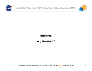 Ground Systems Architectures Workshop(GSAW) ‐ 2017 ; Los Angeles, CA March 13‐16, 2017 ; Session: Virtualization and Cloud
Thank you.
Any Questions?
Goddard Space Flight Center (GSFC) - Space Science Mission Operations (SSMO)
25
 