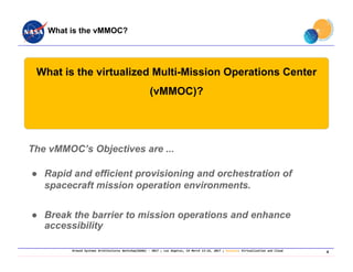 Ground Systems Architectures Workshop(GSAW) ‐ 2017 ; Los Angeles, CA March 13‐16, 2017 ; Session: Virtualization and Cloud
What is the virtualized Multi-Mission Operations Center
(vMMOC)?
What is the vMMOC?
The vMMOC’s Objectives are ...
● Rapid and efficient provisioning and orchestration of
spacecraft mission operation environments.
● Break the barrier to mission operations and enhance
accessibility
6
 