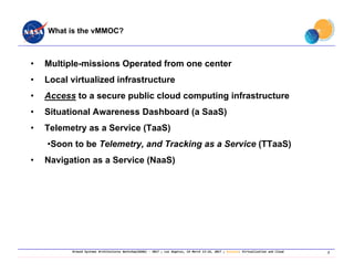 Ground Systems Architectures Workshop(GSAW) ‐ 2017 ; Los Angeles, CA March 13‐16, 2017 ; Session: Virtualization and Cloud
• Multiple-missions Operated from one center
• Local virtualized infrastructure
• Access to a secure public cloud computing infrastructure
• Situational Awareness Dashboard (a SaaS)
• Telemetry as a Service (TaaS)
•Soon to be Telemetry, and Tracking as a Service (TTaaS)
• Navigation as a Service (NaaS)
What is the vMMOC?
7
 