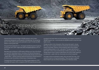 Indonesia faces an annual shortage of 30,000 engineers, which hinders
infrastructure development and the growth of manufacturing. The country has
about 57 million skilled workers and is estimated to need 113 million by 2030
based on current growth rates.
The government projects the non – oil and gas manufacturing sector to grow by
5.3 to 5.6 per cent in 2017, higher than 2016’s anticipated expansion of 4.7 to
5 per cent.
Manufacturing’s contribution to GDP stands at 20.8 per cent, short of the 30 per
cent typical for industrialised nations. According to the National Development
Planning Agency (Bappenas), Indonesia could potentially develop natural resource
– based, labour – intensive consumer goods and automotive industrial sectors in
the future to reach this ambition of becoming an industrialised nation.
The government will also continue its one million houses programme in 2017.
It built 805,169 houses in 2016, compared to 699,770 houses the previous year,
engineering
OVERVIEW
according to the Public Works and Housing Ministry. The targeted composition is
700,000 houses for low – income families and 300,000 houses for those who have
higher income.
Changes are afoot in the mining sector. New mining rules issued in January
2017 relax a ban on exports of nickel ore and bauxite and extend exports for
mineral concentrates. However, mining companies need to show progress
towards building smelters in a five – year period. This eases restrictions put in
place earlier to force miners to build domestic smelters to process ores. The rule
changes require miners to reserve at least 30 per cent of their smelter capacity to
processing low – grade nickel ores. Any excess ore can then be exported.
For foreign miners to be allowed to export, they must switch from long – term
contracts of work to a mining licensing system. They must agree to gradually
divest at least 51 per cent of their local operations to Indonesian entities.
24
 