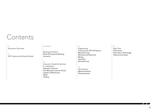 Contents
4
Executive Overview
5
2017 Salary and Hiring Outlook
SALARIES
6
Banking & Finance
Retail & Corporate Banking
Insurance
12
Consumer Goods & Services
E– Commerce
Education Services
Fast Moving Consumer Good
Logistic & Warehouse
Retail
Trading
24
Engineering
Construction, EPC & Property
Manufacturing
Mechanical & Electrical
Mining
Oil & Gas
Petrochemical
36
Life Sciences
Medical Devices
Pharmaceutical
42
High Tech
Automotive
Information Technology
Telecommunication
3
 