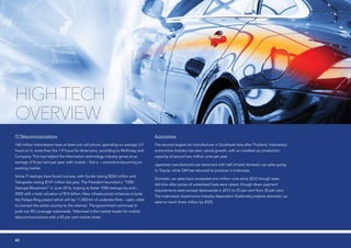 IT/Telecommunications
160 million Indonesians have at least one cell phone, spending on average 3.5
hours on it, more than the 1.9 hours for Americans, according to McKinsey and
Company. This has helped the information technology industry grows at an
average of 8 per cent per year, with mobile – first e – commerce becoming an
exciting market.
Some IT startups have found success, with GoJek raising $550 million and
Tokopedia raising $147 million last year. The President launched a “1000
Startups Movement” in June 2016, hoping to foster 1000 startups by end –
2020 with a total valuation of $10 billion. New infrastructural initiatives include
the Palapa Ring project which will lay 11,000 km of undersea fibre – optic cable
to connect the entire country to the internet. The government continues to
push out 4G coverage nationwide. Telkomsel is the market leader for mobile
telecommunications with a 45 per cent market share.
High Tech
OVERVIEW
Automotive
The second largest car manufacturer in Southeast Asia after Thailand, Indonesia’s
automotive industry has seen robust growth, with an installed car production
capacity of around two million units per year.
Japanese manufacturers are dominant with half of total domestic car sales going
to Toyota, while GM has returned to produce in Indonesia.
Domestic car sales have exceeded one million units since 2012 though sales
did slow after prices of subsidised fuels were raised, though down payment
requirements were revised downwards in 2015 to 25 per cent from 30 per cent.
The Indonesian Automotive Industry Association (Gaikindo) projects domestic car
sales to reach three million by 2025.
42
 