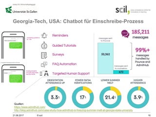 Georgia-Tech, USA: Chatbot für Einschreibe-Prozess
21.06.2017 © scil 16
Quellen:
https://www.admithub.com/
http://blog.admithub.com/case-study-how-admithub-is-freezing-summer-melt-at-georgia-state-university
 