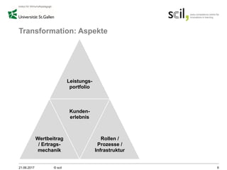 Transformation: Aspekte
21.06.2017 © scil 6
Leistungs-
portfolio
Wertbeitrag
/ Ertrags-
mechanik
Kunden-
erlebnis
Rollen /
Prozesse /
Infrastruktur
 