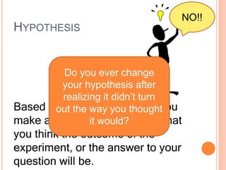 HYPOTHESIS
Based on your observations, you
make an educated guess on what
you think the outcome of the
experiment, or the answer to your
question will be.
Do you ever change
your hypothesis after
realizing it didn’t turn
out the way you thought
it would?
NO!!
 