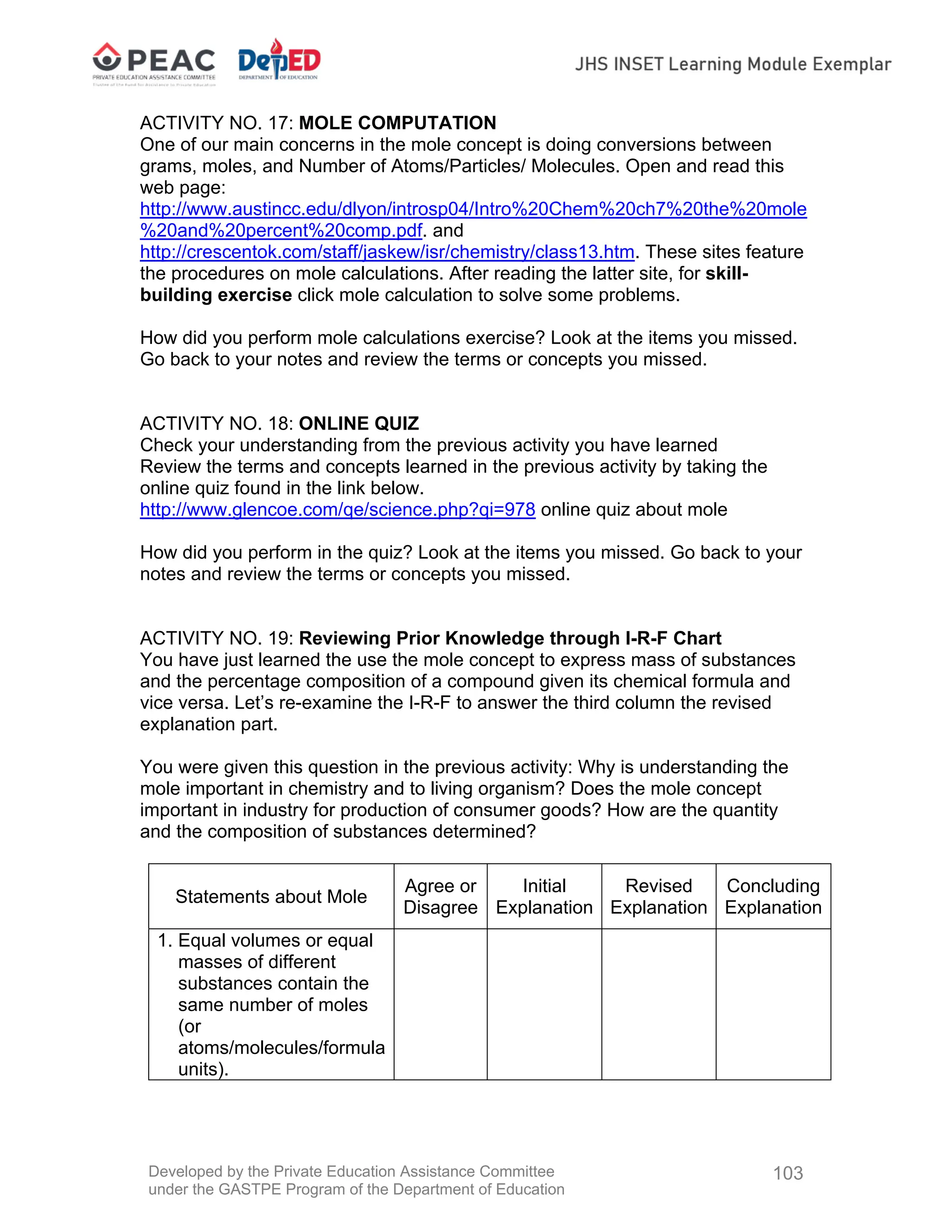 Developed by the Private Education Assistance Committee
under the GASTPE Program of the Department of Education
103
ACTIVITY NO. 17: MOLE COMPUTATION
One of our main concerns in the mole concept is doing conversions between
grams, moles, and Number of Atoms/Particles/ Molecules. Open and read this
web page:
http://www.austincc.edu/dlyon/introsp04/Intro%20Chem%20ch7%20the%20mole
%20and%20percent%20comp.pdf. and
http://crescentok.com/staff/jaskew/isr/chemistry/class13.htm. These sites feature
the procedures on mole calculations. After reading the latter site, for skill-
building exercise click mole calculation to solve some problems.
How did you perform mole calculations exercise? Look at the items you missed.
Go back to your notes and review the terms or concepts you missed.
ACTIVITY NO. 18: ONLINE QUIZ
Check your understanding from the previous activity you have learned
Review the terms and concepts learned in the previous activity by taking the
online quiz found in the link below.
http://www.glencoe.com/qe/science.php?qi=978 online quiz about mole
How did you perform in the quiz? Look at the items you missed. Go back to your
notes and review the terms or concepts you missed.
ACTIVITY NO. 19: Reviewing Prior Knowledge through I-R-F Chart
You have just learned the use the mole concept to express mass of substances
and the percentage composition of a compound given its chemical formula and
vice versa. Let’s re-examine the I-R-F to answer the third column the revised
explanation part.
You were given this question in the previous activity: Why is understanding the
mole important in chemistry and to living organism? Does the mole concept
important in industry for production of consumer goods? How are the quantity
and the composition of substances determined?
Statements about Mole
Agree or
Disagree
Initial
Explanation
Revised
Explanation
Concluding
Explanation
1. Equal volumes or equal
masses of different
substances contain the
same number of moles
(or
atoms/molecules/formula
units).
 