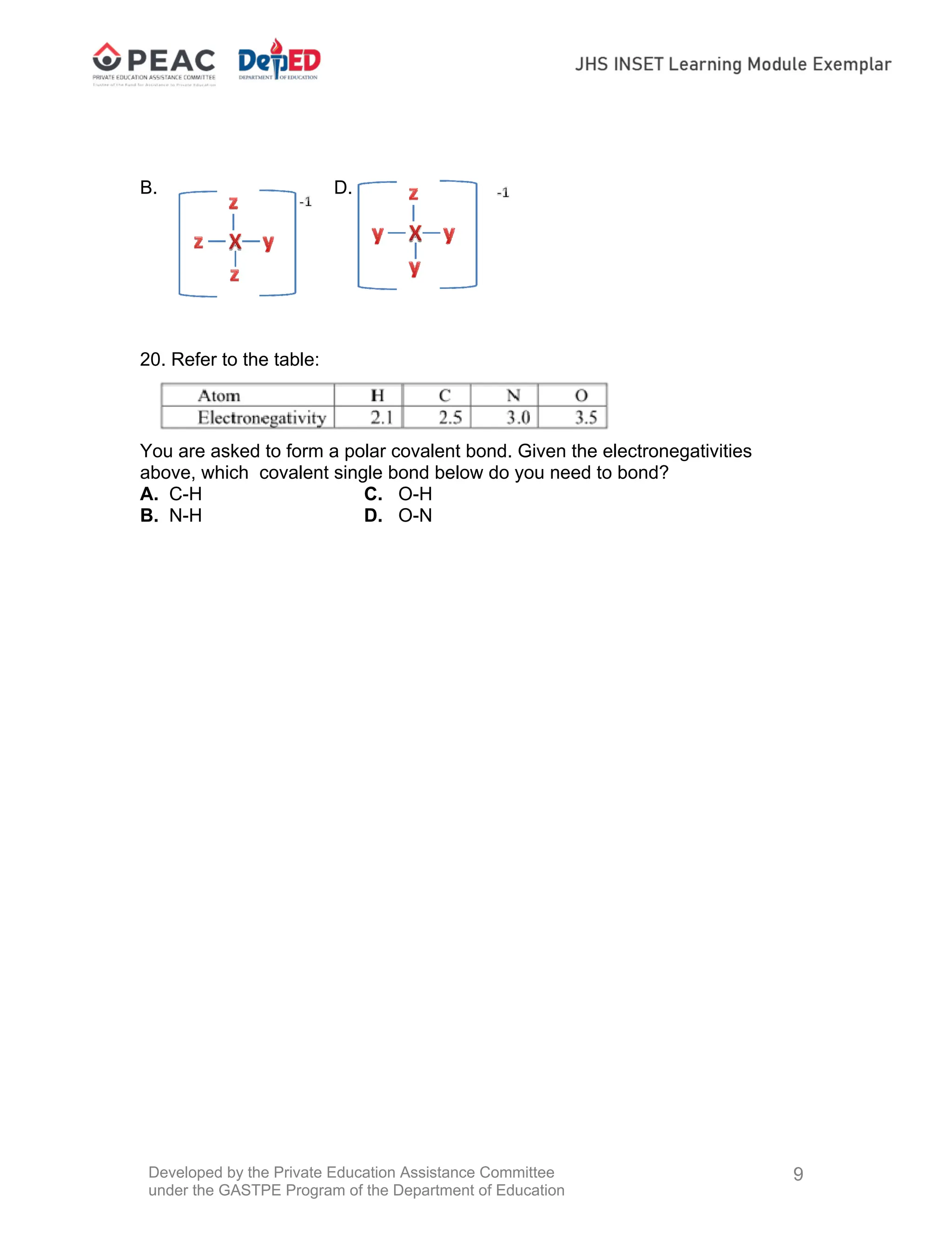 Developed by the Private Education Assistance Committee
under the GASTPE Program of the Department of Education
9
B. D.
20. Refer to the table:
You are asked to form a polar covalent bond. Given the electronegativities
above, which covalent single bond below do you need to bond?
A. C-H C. O-H
B. N-H D. O-N
 