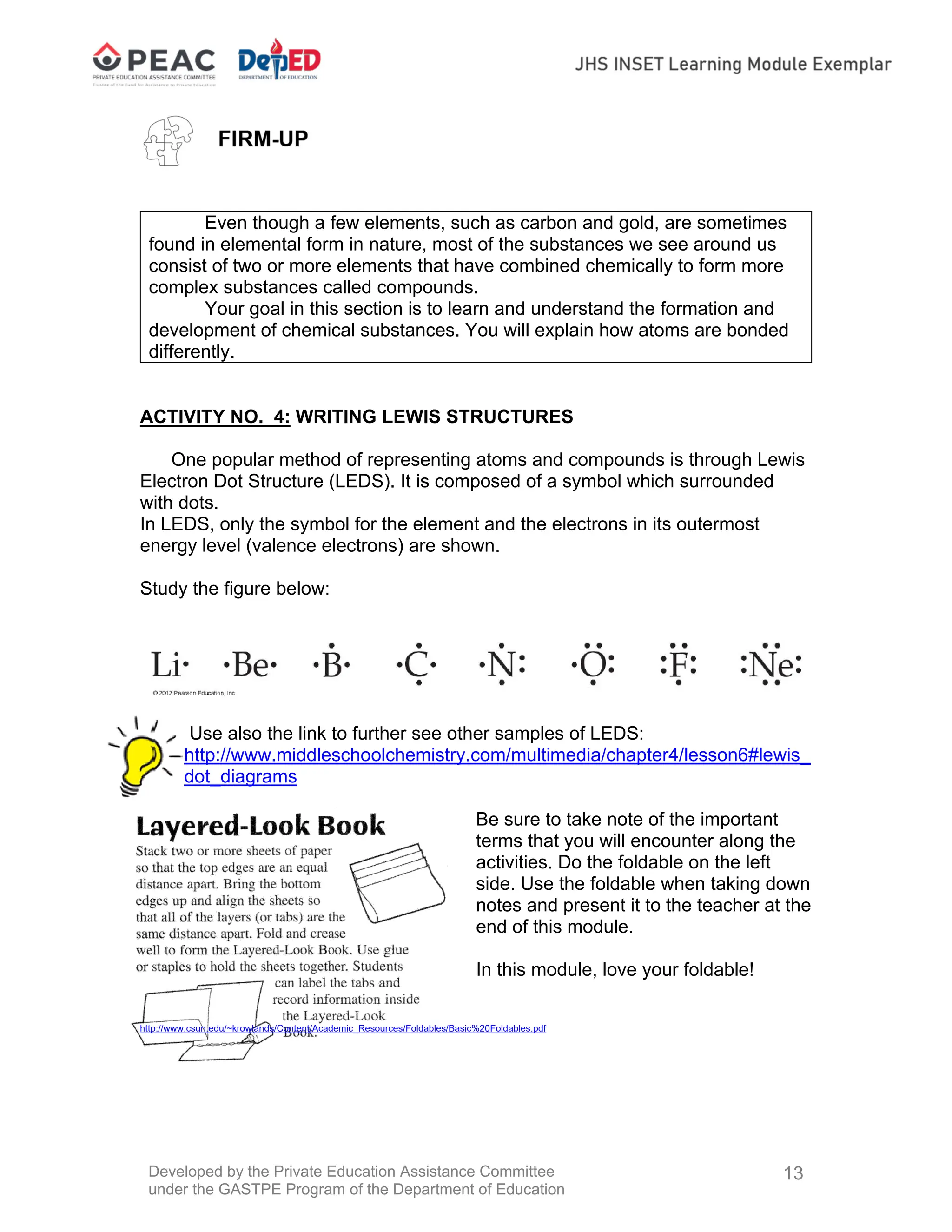 Developed by the Private Education Assistance Committee
under the GASTPE Program of the Department of Education
13
Even though a few elements, such as carbon and gold, are sometimes
found in elemental form in nature, most of the substances we see around us
consist of two or more elements that have combined chemically to form more
complex substances called compounds.
Your goal in this section is to learn and understand the formation and
development of chemical substances. You will explain how atoms are bonded
differently.
ACTIVITY NO. 4: WRITING LEWIS STRUCTURES
One popular method of representing atoms and compounds is through Lewis
Electron Dot Structure (LEDS). It is composed of a symbol which surrounded
with dots.
In LEDS, only the symbol for the element and the electrons in its outermost
energy level (valence electrons) are shown.
Study the figure below:
Use also the link to further see other samples of LEDS:
http://www.middleschoolchemistry.com/multimedia/chapter4/lesson6#lewis_
dot_diagrams
Be sure to take note of the important
terms that you will encounter along the
activities. Do the foldable on the left
side. Use the foldable when taking down
notes and present it to the teacher at the
end of this module.
In this module, love your foldable!
http://www.csun.edu/~krowlands/Content/Academic_Resources/Foldables/Basic%20Foldables.pdf
 