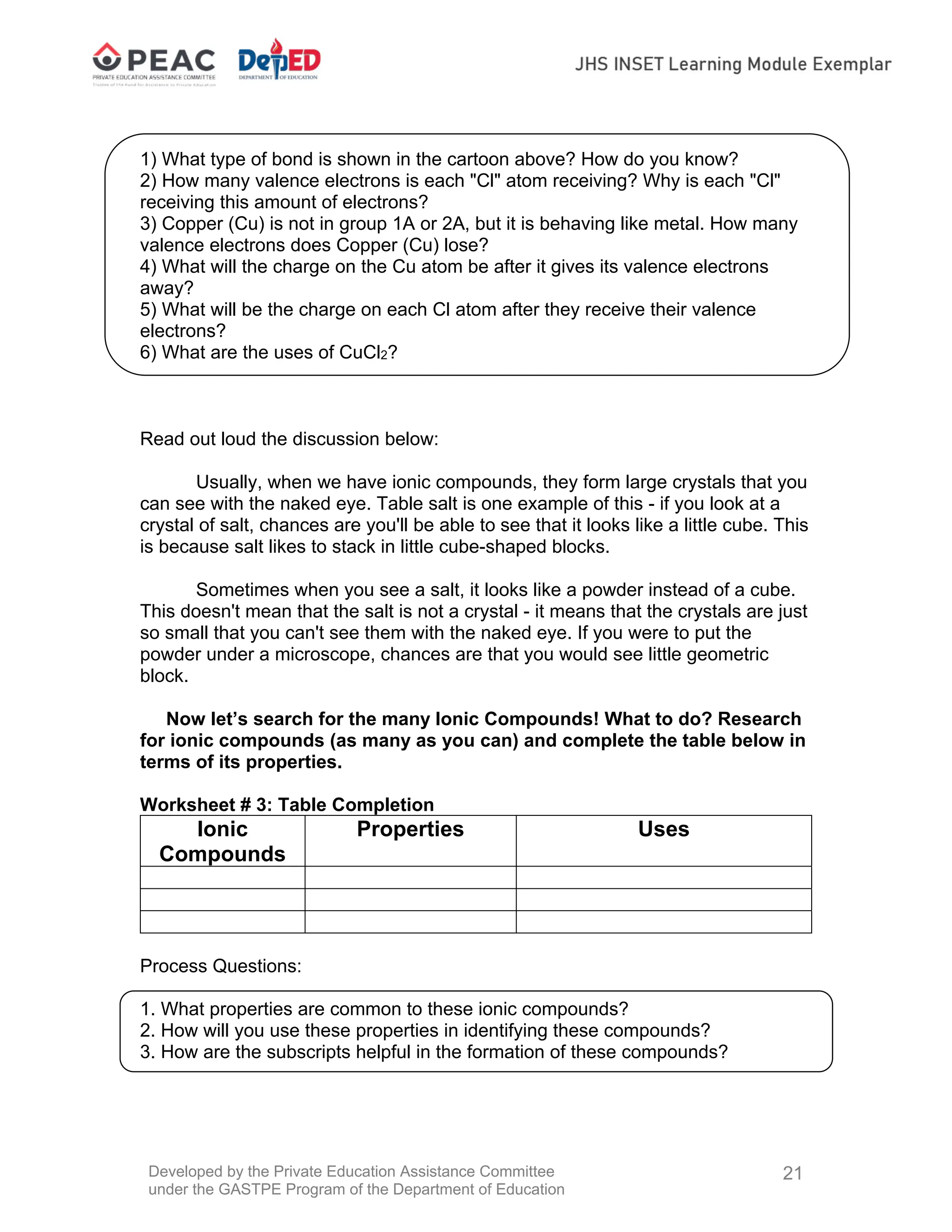 Developed by the Private Education Assistance Committee
under the GASTPE Program of the Department of Education
21
1) What type of bond is shown in the cartoon above? How do you know?
2) How many valence electrons is each "Cl" atom receiving? Why is each "Cl"
receiving this amount of electrons?
3) Copper (Cu) is not in group 1A or 2A, but it is behaving like metal. How many
valence electrons does Copper (Cu) lose?
4) What will the charge on the Cu atom be after it gives its valence electrons
away?
5) What will be the charge on each Cl atom after they receive their valence
electrons?
6) What are the uses of CuCl2?
Read out loud the discussion below:
Usually, when we have ionic compounds, they form large crystals that you
can see with the naked eye. Table salt is one example of this - if you look at a
crystal of salt, chances are you'll be able to see that it looks like a little cube. This
is because salt likes to stack in little cube-shaped blocks.
Sometimes when you see a salt, it looks like a powder instead of a cube.
This doesn't mean that the salt is not a crystal - it means that the crystals are just
so small that you can't see them with the naked eye. If you were to put the
powder under a microscope, chances are that you would see little geometric
block.
Now let’s search for the many Ionic Compounds! What to do? Research
for ionic compounds (as many as you can) and complete the table below in
terms of its properties.
Worksheet # 3: Table Completion
Ionic
Compounds
Properties Uses
Process Questions:
1. What properties are common to these ionic compounds?
2. How will you use these properties in identifying these compounds?
3. How are the subscripts helpful in the formation of these compounds?
 