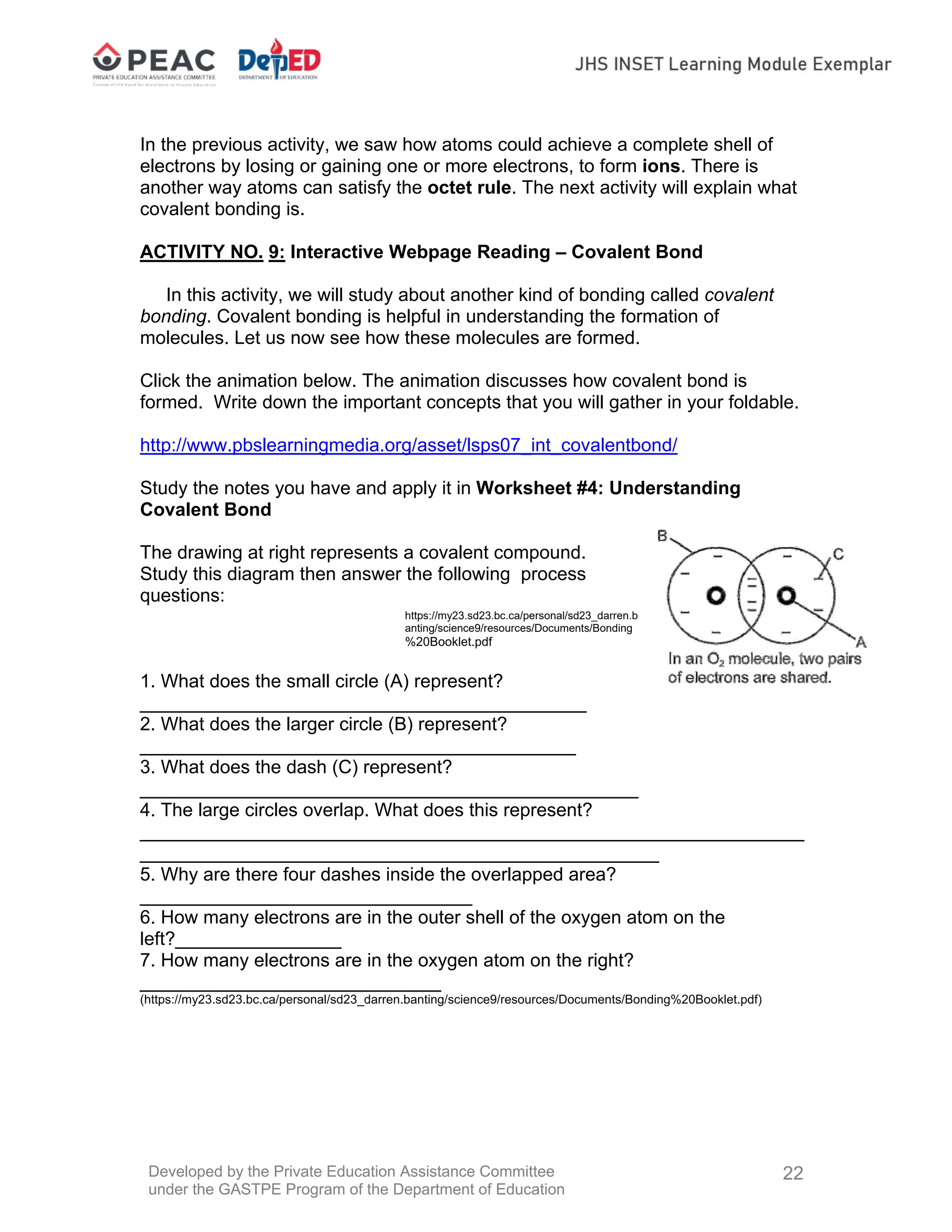 Developed by the Private Education Assistance Committee
under the GASTPE Program of the Department of Education
22
In the previous activity, we saw how atoms could achieve a complete shell of
electrons by losing or gaining one or more electrons, to form ions. There is
another way atoms can satisfy the octet rule. The next activity will explain what
covalent bonding is.
ACTIVITY NO. 9: Interactive Webpage Reading – Covalent Bond
In this activity, we will study about another kind of bonding called covalent
bonding. Covalent bonding is helpful in understanding the formation of
molecules. Let us now see how these molecules are formed.
Click the animation below. The animation discusses how covalent bond is
formed. Write down the important concepts that you will gather in your foldable.
http://www.pbslearningmedia.org/asset/lsps07_int_covalentbond/
Study the notes you have and apply it in Worksheet #4: Understanding
Covalent Bond
The drawing at right represents a covalent compound.
Study this diagram then answer the following process
questions:
1. What does the small circle (A) represent?
___________________________________________
2. What does the larger circle (B) represent?
__________________________________________
3. What does the dash (C) represent?
________________________________________________
4. The large circles overlap. What does this represent?
________________________________________________________________
__________________________________________________
5. Why are there four dashes inside the overlapped area?
________________________________
6. How many electrons are in the outer shell of the oxygen atom on the
left?________________
7. How many electrons are in the oxygen atom on the right?
_____________________________
(https://my23.sd23.bc.ca/personal/sd23_darren.banting/science9/resources/Documents/Bonding%20Booklet.pdf)
https://my23.sd23.bc.ca/personal/sd23_darren.b
anting/science9/resources/Documents/Bonding
%20Booklet.pdf
 