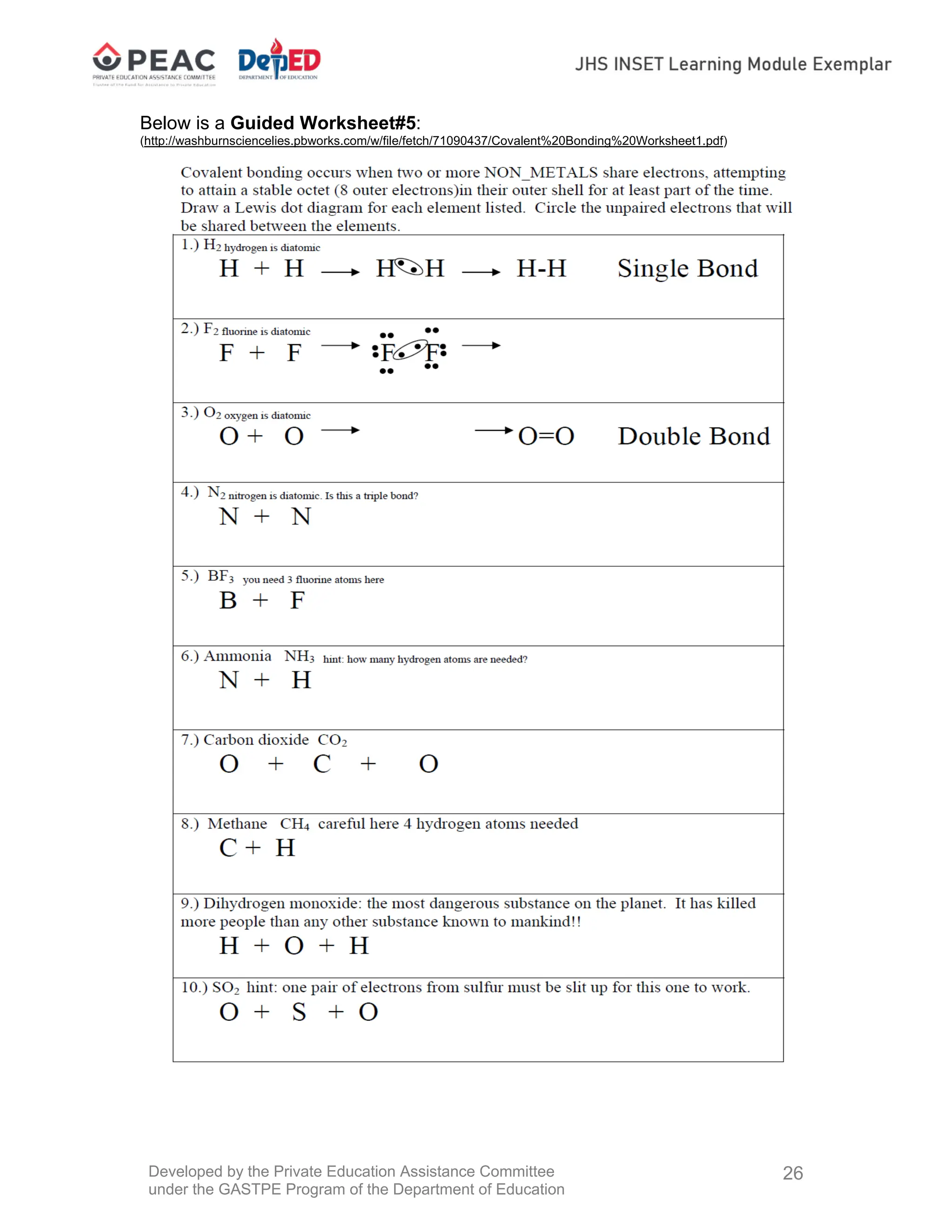 Developed by the Private Education Assistance Committee
under the GASTPE Program of the Department of Education
26
Below is a Guided Worksheet#5:
(http://washburnsciencelies.pbworks.com/w/file/fetch/71090437/Covalent%20Bonding%20Worksheet1.pdf)
 