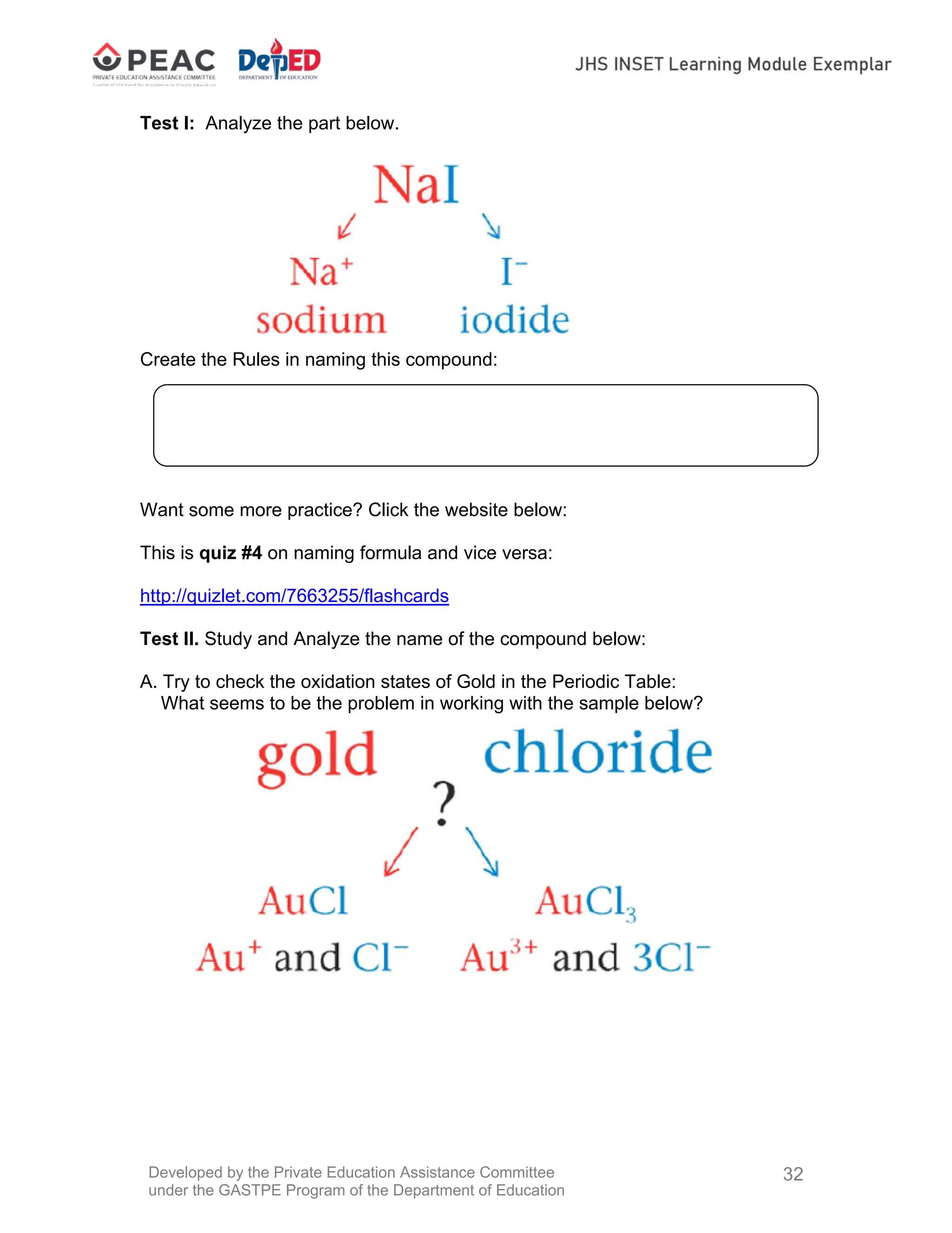 Developed by the Private Education Assistance Committee
under the GASTPE Program of the Department of Education
32
Test I: Analyze the part below.
Create the Rules in naming this compound:
Want some more practice? Click the website below:
This is quiz #4 on naming formula and vice versa:
http://quizlet.com/7663255/flashcards
Test II. Study and Analyze the name of the compound below:
A. Try to check the oxidation states of Gold in the Periodic Table:
What seems to be the problem in working with the sample below?
 