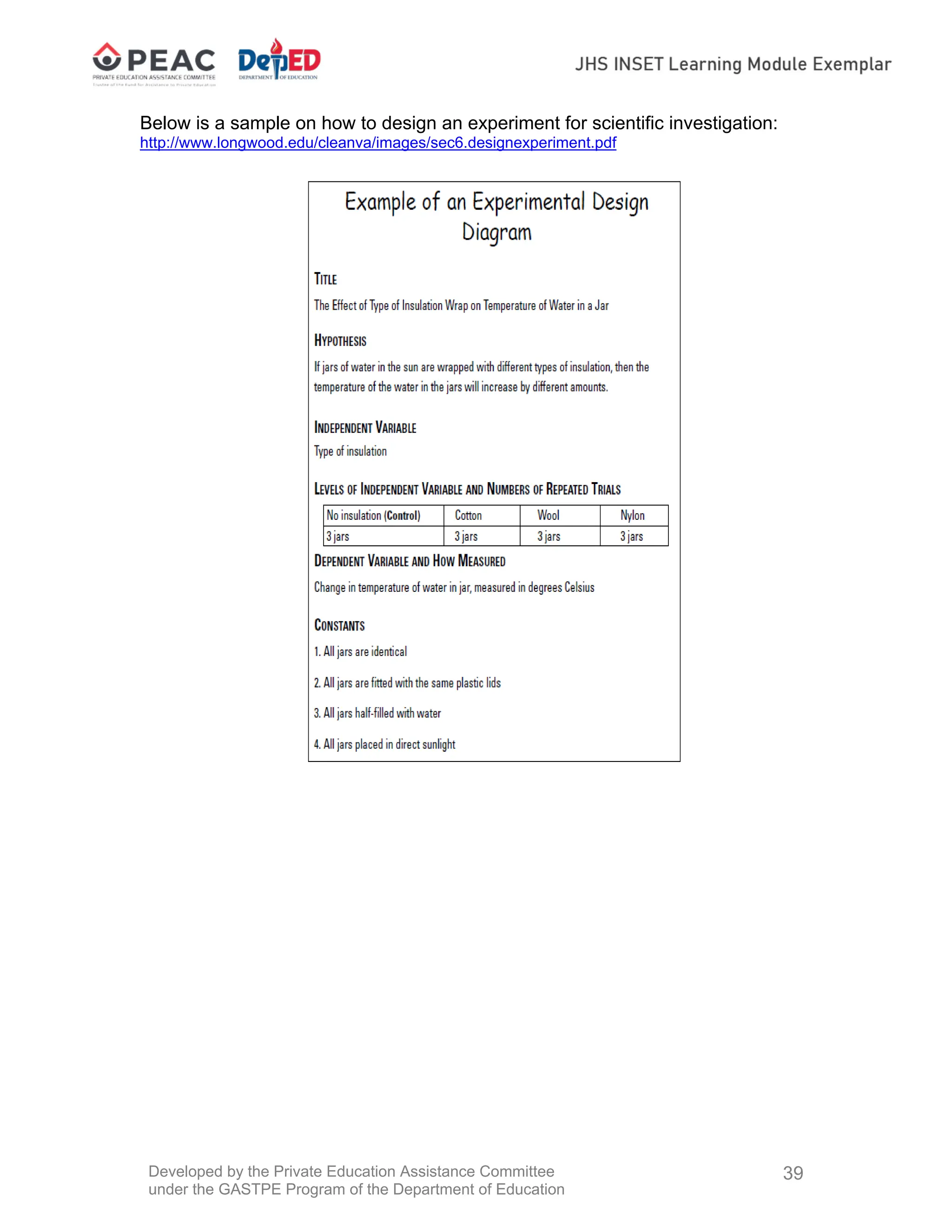 Developed by the Private Education Assistance Committee
under the GASTPE Program of the Department of Education
39
Below is a sample on how to design an experiment for scientific investigation:
http://www.longwood.edu/cleanva/images/sec6.designexperiment.pdf
 