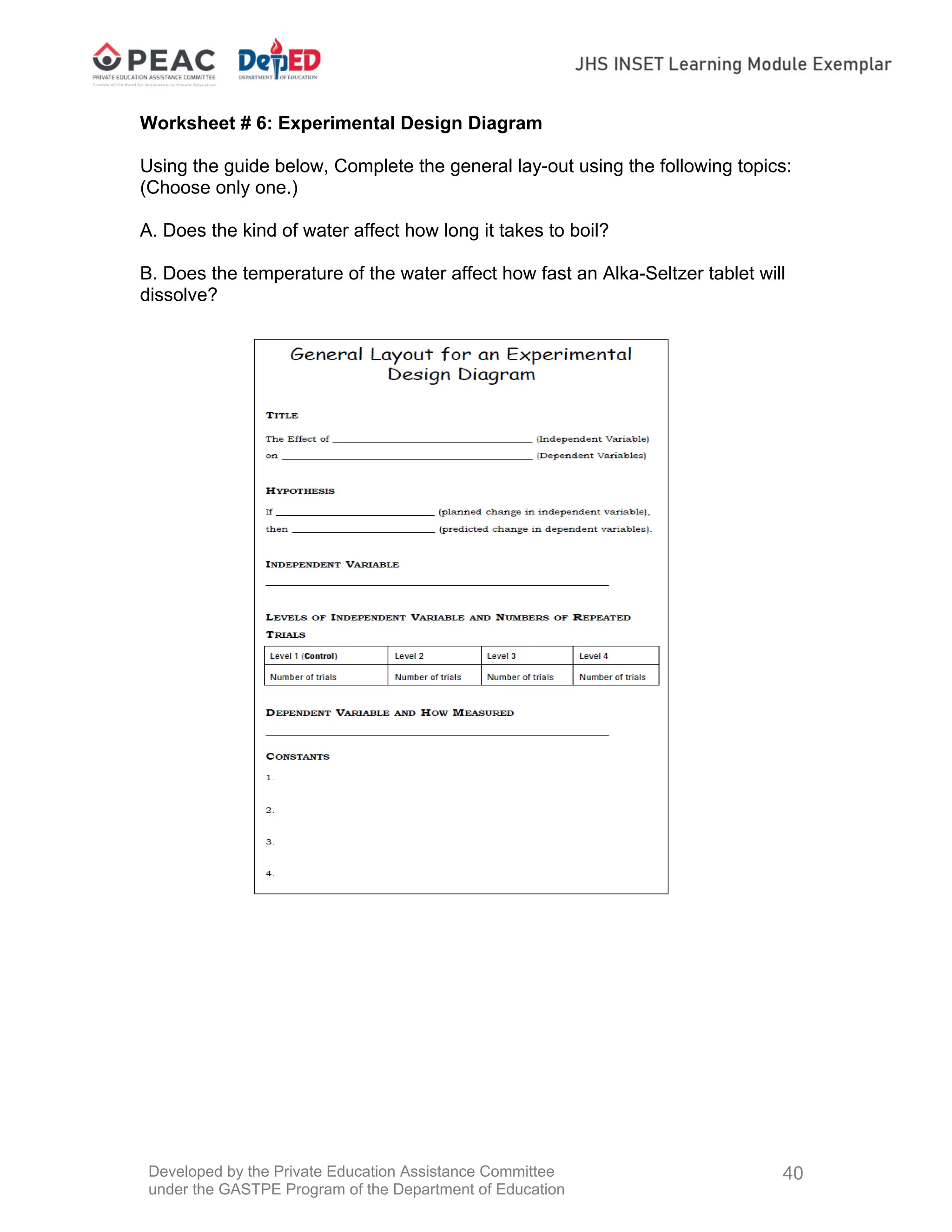 Developed by the Private Education Assistance Committee
under the GASTPE Program of the Department of Education
40
Worksheet # 6: Experimental Design Diagram
Using the guide below, Complete the general lay-out using the following topics:
(Choose only one.)
A. Does the kind of water affect how long it takes to boil?
B. Does the temperature of the water affect how fast an Alka-Seltzer tablet will
dissolve?
 