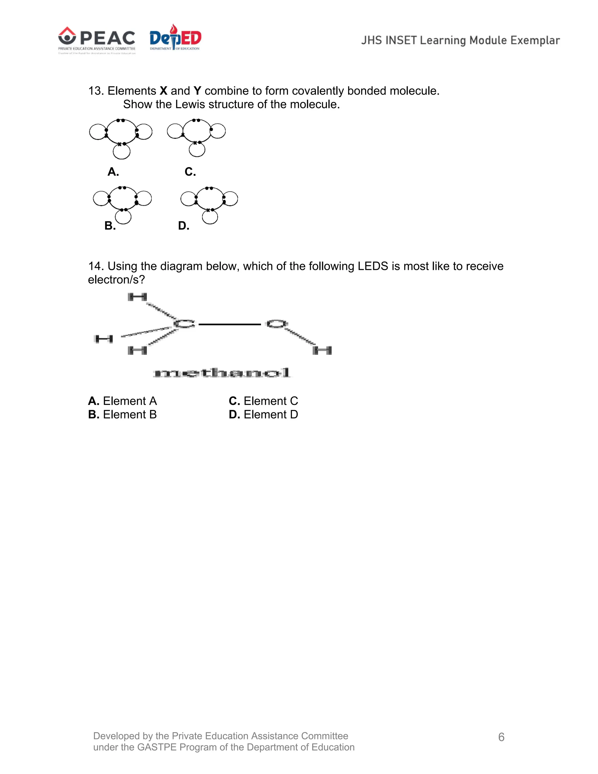 Developed by the Private Education Assistance Committee
under the GASTPE Program of the Department of Education
6
13. Elements X and Y combine to form covalently bonded molecule.
Show the Lewis structure of the molecule.
A. C.
B. D.
14. Using the diagram below, which of the following LEDS is most like to receive
electron/s?
A. Element A C. Element C
B. Element B D. Element D
 