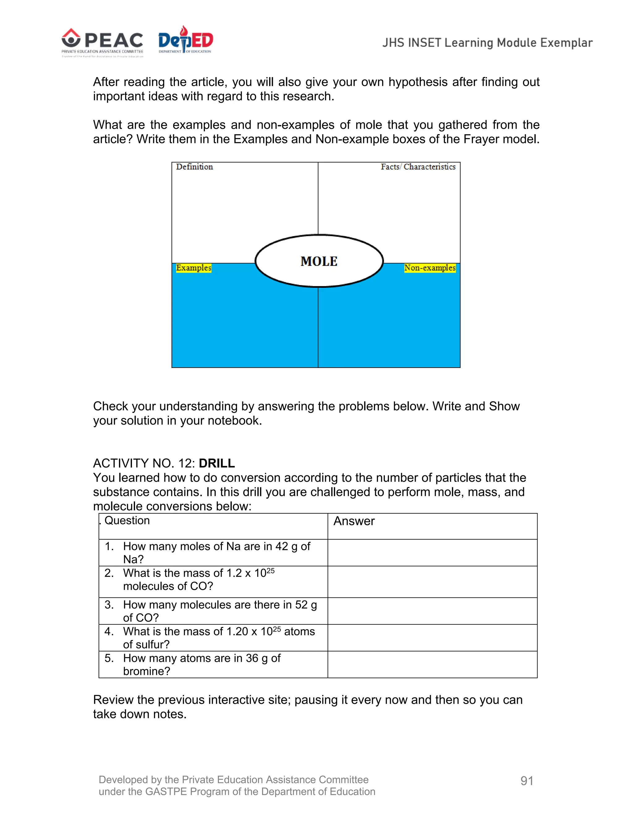 Developed by the Private Education Assistance Committee
under the GASTPE Program of the Department of Education
91
After reading the article, you will also give your own hypothesis after finding out
important ideas with regard to this research.
What are the examples and non-examples of mole that you gathered from the
article? Write them in the Examples and Non-example boxes of the Frayer model.
Check your understanding by answering the problems below. Write and Show
your solution in your notebook.
ACTIVITY NO. 12: DRILL
You learned how to do conversion according to the number of particles that the
substance contains. In this drill you are challenged to perform mole, mass, and
molecule conversions below:
. Question Answer
1. How many moles of Na are in 42 g of
Na?
2. What is the mass of 1.2 x 1025
molecules of CO?
3. How many molecules are there in 52 g
of CO?
4. What is the mass of 1.20 x 1025 atoms
of sulfur?
5. How many atoms are in 36 g of
bromine?
Review the previous interactive site; pausing it every now and then so you can
take down notes.
 
