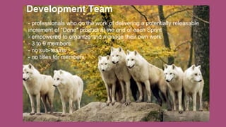 Development Team
- professionals who do the work of delivering a potentially releasable
increment of "Done" product at the end of each Sprint
- empowered to organize and manage their own work
- 3 to 9 members
- no sub-teams
- no titles for members
 