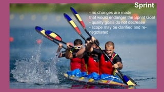 Sprint
- no changes are made
that would endanger the Sprint Goal
- quality goals do not decrease
- scope may be clarified and re-
negotiated
 