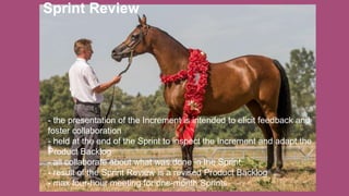 Sprint Review
- the presentation of the Increment is intended to elicit feedback and
foster collaboration
- held at the end of the Sprint to inspect the Increment and adapt the
Product Backlog
- all collaborate about what was done in the Sprint
- result of the Sprint Review is a revised Product Backlog
- max four-hour meeting for one-month Sprints
 