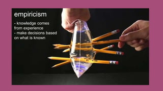 empiricism
- knowledge comes
from experience
- make decisions based
on what is known
 