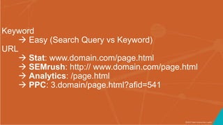 ©2017 Seer Interactive • p46
Keyword
 Easy (Search Query vs Keyword)
URL
 Stat: www.domain.com/page.html
 SEMrush: http:// www.domain.com/page.html
 Analytics: /page.html
 PPC: 3.domain/page.html?afid=541
 