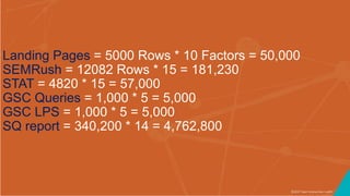 ©2017 Seer Interactive • p49
Landing Pages = 5000 Rows * 10 Factors = 50,000
SEMRush = 12082 Rows * 15 = 181,230
STAT = 4820 * 15 = 57,000
GSC Queries = 1,000 * 5 = 5,000
GSC LPS = 1,000 * 5 = 5,000
SQ report = 340,200 * 14 = 4,762,800
 