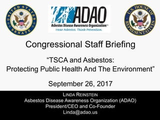 LINDA REINSTEIN
Asbestos Disease Awareness Organization (ADAO)
President/CEO and Co-Founder
Linda@adao.us
Congressional Staff Briefing
“TSCA and Asbestos:
Protecting Public Health And The Environment”
September 26, 2017
 