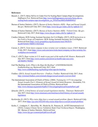 References
Bassett, L. (2017). Betsy DeVos Is Under Fire For Scaling Back Campus Rape Investigations.
Huffington Post. Retrieved from http://www.huffingtonpost.com/entry/betsy-devos-
scaling-back-campus-rape-investigations_us_595e83ace4b02e9bdb0b441d
Bureau of Justice Statistics. (2017). Bureau of Justice Statistics (BJS) - Rape and Sexual Assault.
Bjs.gov. Retrieved 8 July 2017, from https://www.bjs.gov/index.cfm?ty=tp&tid=317
Bureau of Justice Statistics. (2017). Bureau of Justice Statistics (BJS) - Violent Crime. Bjs.gov.
Retrieved 8 July 2017, from https://www.bjs.gov/index.cfm?ty=tp&tid=31
Candice Johnson, OCR Acting Assistant Secretary for Civil Rights. (2017). OCR instructicns to
the Field re Scope of Complaints. OCR Acting Assistant Secretary for Civil Rights.
Retrieved from https://www.propublica.org/documents/item/3863019-
doc00742420170609111824.html
Carson, E. (2017). Tesla latest company to face scrutiny over workplace issues. CNET. Retrieved
8 July 2017, from https://www.cnet.com/news/tesla-latest-company-to-face-scrutiny-for-
workplace-environment/
Crist, C. (2017). Rape victims in U.S. made to pay part of the medical bill. Reuters. Retrieved 8
July 2017, from http://www.reuters.com/article/us-health-rape-usa-costs-
idUSKBN17M2KU
End The Backlog. (n.d.). What is the Rape Kit Backlog? | ENDTHEBACKLOG.
Endthebacklog.org. Retrieved 8 July 2017, from
http://www.endthebacklog.org/backlog/what-rape-kit-backlog
Findlaw. (2013). Sexual Assault Overview - FindLaw. Findlaw. Retrieved 8 July 2017, from
http://criminal.findlaw.com/criminal-charges/sexual-assault-overview.html
The International Association of Chiefs of Police. (2004). Training key # 571 Investigating
Sexual Assaults Part I: Elements of Sexual Assault & Initial Response. Alexandria, VA:
the International Association of Chiefs of Police. Retrieved from
http://www.theiacp.org/portals/0/pdfs/571InvestigatingSexualAssaultsPart1.pdf
ljlincoln. (2017). A brief history of sexual assault legislation timeline.. Timetoast. Retrieved 8
July 2017, from http://www.timetoast.com/timelines/a-brief-history-of-sexual-assault-
legislation
Kozlowska, H. (2017). Why cruise ships have a sexual-assault problem. Quartz. Retrieved 8 July
2017, from https://qz.com/1022245/why-cruise-ships-have-a-sexual-assault-problem/
Krebs, C., Lindquist, C., Berzofsky, M., Shook-Sa, B., Peterson, K., & RTI International et al.
(2016). Campus Climate Survey Validation Study Final Technical Report. Washington,
DC: Bureau of Justice Statistics. Retrieved from
https://www.bjs.gov/content/pub/pdf/ccsvsftr.pdf
 