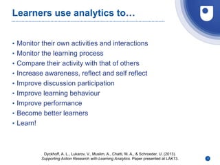Learners use analytics to…
• Monitor their own activities and interactions
• Monitor the learning process
• Compare their activity with that of others
• Increase awareness, reflect and self reflect
• Improve discussion participation
• Improve learning behaviour
• Improve performance
• Become better learners
• Learn!
11
Dyckhoff, A. L., Lukarov, V., Muslim, A., Chatti, M. A., & Schroeder, U. (2013).
Supporting Action Research with Learning Analytics. Paper presented at LAK13.
 
