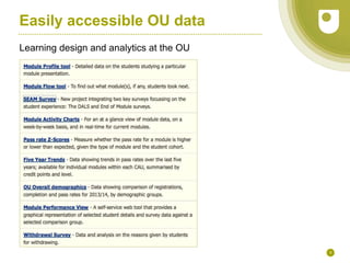 Easily accessible OU data
Learning design and analytics at the OU
8
 
