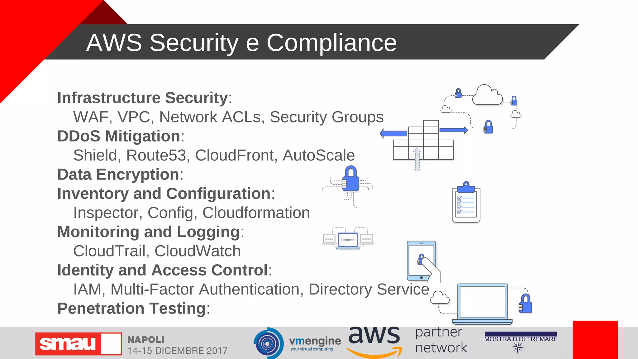AWS Security e Compliance
Infrastructure Security:
WAF, VPC, Network ACLs, Security Groups
DDoS Mitigation:
Shield, Route53, CloudFront, AutoScale
Data Encryption:
Inventory and Configuration:
Inspector, Config, Cloudformation
Monitoring and Logging:
CloudTrail, CloudWatch
Identity and Access Control:
IAM, Multi-Factor Authentication, Directory Service
Penetration Testing:
 