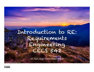 Introduction to RE:
Requirements
Engineering
CECS 542
Photo	credit:	Alberto	Res1fo,	Unsplash	
Dr.	habil.	Birgit	Penzenstadler,	CSULB	
 