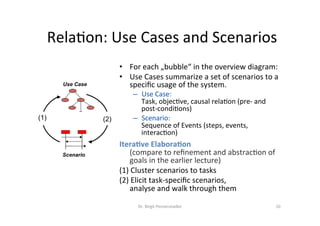 Rela=on:	Use	Cases	and	Scenarios	
Dr.	Birgit	Penzenstadler	 10	
Use Case
Scenario
(1) (2)
•  For	each	„bubble“	in	the	overview	diagram:	
•  Use	Cases	summarize	a	set	of	scenarios	to	a	
speciﬁc	usage	of	the	system.		
–  Use	Case:		
Task,	objec=ve,	causal	rela=on	(pre-	and	
post-condi=ons)		
–  Scenario:		
Sequence	of	Events	(steps,	events,	
interac=on)	
Itera&ve	Elabora&on	
(compare	to	reﬁnement	and	abstrac=on	of	
goals	in	the	earlier	lecture)	
(1)	Cluster	scenarios	to	tasks	
(2)	Elicit	task-speciﬁc	scenarios,		
analyse	and	walk	through	them	
 