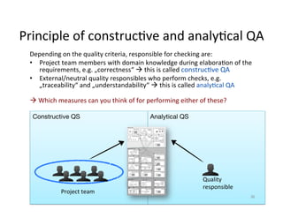 Analytical QS
Depending	on	the	quality	criteria,	responsible	for	checking	are:	
•  Project	team	members	with	domain	knowledge	during	elaboraDon	of	the	
requirements,	e.g.	„correctness“	à	this	is	called	construcDve	QA	
•  External/neutral	quality	responsibles	who	perform	checks,	e.g.	
„traceability“	and	„understandability“	à	this	is	called	analyDcal	QA	
	
à	Which	measures	can	you	think	of	for	performing	either	of	these?	
Constructive QS
Principle	of	construcDve	and	analyDcal	QA	
36	
Context Layer
System Layer
Requirements Layer
Stakeholder Model Objectives
& Goals
Constraints
& Rules
!
!
!
!
!
Data Model
E
A
A
A
E
System Vision
Functional
Hierarchy
Architecture Overview
System
Function Model
Fun 1
Fun 2
Component Model
C C
Data Model
E
A
A
A
E
Behaviour Model
Business Case
Deployment Requirements
System Constraints
Domain Model
Service ModelUsage Model
Quality Requirements
Risk List
Project Scope
Process Requirements
Glossary
Glossary
Glossary
Project	team	
Quality	
responsible	
 