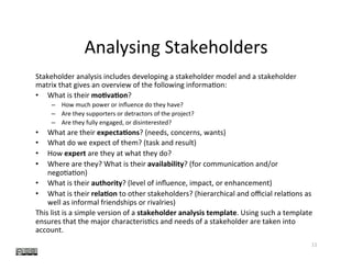 Analysing	Stakeholders	
Stakeholder	analysis	includes	developing	a	stakeholder	model	and	a	stakeholder	
matrix	that	gives	an	overview	of	the	following	informa?on:	
•  What	is	their	mo0va0on?	
–  How	much	power	or	inﬂuence	do	they	have?		
–  Are	they	supporters	or	detractors	of	the	project?		
–  Are	they	fully	engaged,	or	disinterested?	
•  What	are	their	expecta0ons?	(needs,	concerns,	wants)	
•  What	do	we	expect	of	them?	(task	and	result)	
•  How	expert	are	they	at	what	they	do?	
•  Where	are	they?	What	is	their	availability?	(for	communica?on	and/or	
nego?a?on)	
•  What	is	their	authority?	(level	of	inﬂuence,	impact,	or	enhancement)	
•  What	is	their	rela0on	to	other	stakeholders?	(hierarchical	and	oﬃcial	rela?ons	as	
well	as	informal	friendships	or	rivalries)	
This	list	is	a	simple	version	of	a	stakeholder	analysis	template.	Using	such	a	template	
ensures	that	the	major	characteris?cs	and	needs	of	a	stakeholder	are	taken	into	
account.	
11	
 