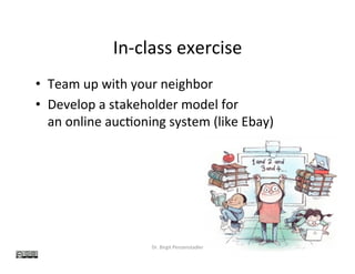 In-class	exercise	
•  Team	up	with	your	neighbor	
•  Develop	a	stakeholder	model	for	
an	online	auc?oning	system	(like	Ebay)	
Dr.	Birgit	Penzenstadler	 29	
 