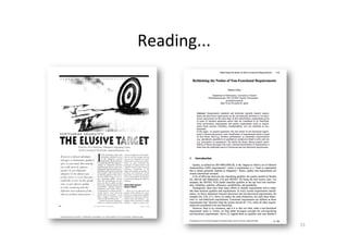 Philosophy	
•  AMDiRE	concept	model	based	on	
system	model	and	quality	model	
•  Behavior	models	are	in	the	center	for		
func;onal	requirements	and		
quality	requirements	
Classiﬁca.on	of	NFRs	
•  Process	Requirements	
•  Deployment	Requirements	
•  System	Constraints	
•  Quality	Requirements	
Structured	elicita.on	of		
quality	requirements	
•  From	system	goals	
•  To	scenarios	
•  To	quality	requirements	
15	
Context Layer
System Layer
Requirements Layer
Stakeholder Model Objectives
& Goals
Constraints
& Rules
!
!
!
!
!
Data Model
E
A
A
A
E
System Vision
Functional
Hierarchy
Architecture Overview
System
Function Model
Fun 1
Fun 2
Component Model
C C
Data Model
E
A
A
A
E
Behaviour Model
Business Case
Deployment Requirements
System Constraints
Domain Model
Service ModelUsage Model
Quality Requirements
Risk List
Project Scope
Process Requirements
Glossary
Glossary
Glossary
important	
 