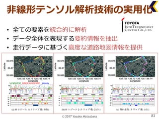 • 全ての要素を統合的に解析
• データ全体を表現する要約情報を抽出
• ⾛⾏データに基づく⾼度な道路地図情報を提供
83
⾮線形テンソル解析技術の実⽤化
© 2017 Yasuko Matsubara
 