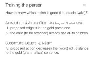 Training the parser
How to know which action is good (i.e., oracle, valid)?
ATTACHLEFT & ATTACHRIGHT (Goldberg and Elhadad...