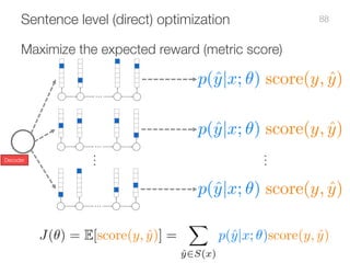 Sentence level (direct) optimization
.	.	.	
.	.	.	
Maximize the expected reward (metric score)
Decoder
88
 