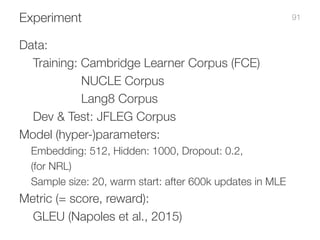 Experiment
Data:
Training: Cambridge Learner Corpus (FCE)
NUCLE Corpus
Lang8 Corpus
Dev & Test: JFLEG Corpus
Model (hyper-...