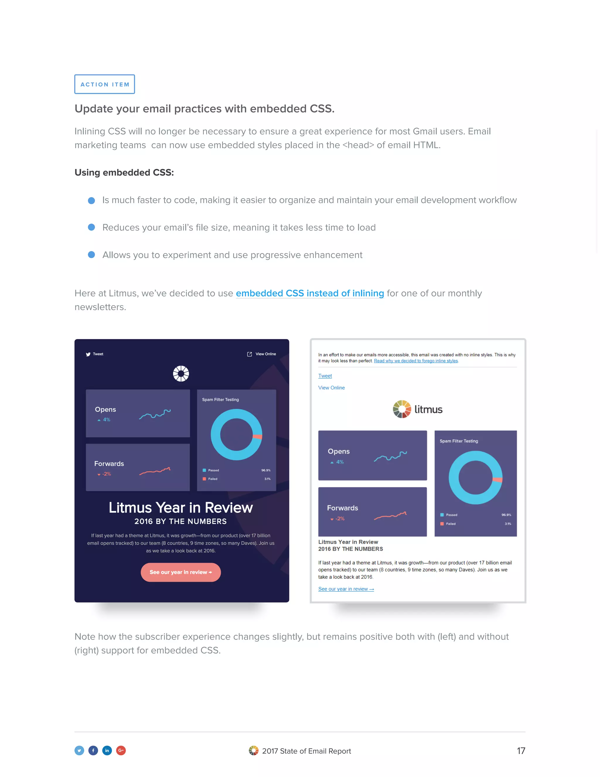 172017 State of Email Report   
Inlining CSS will no longer be necessary to ensure a great experience for most Gmail users. Email
marketing teams can now use embedded styles placed in the <head> of email HTML.
Using embedded CSS:
Is much faster to code, making it easier to organize and maintain your email development workflow
Reduces your email’s file size, meaning it takes less time to load
Allows you to experiment and use progressive enhancement
Update your email practices with embedded CSS.
Here at Litmus, we’ve decided to use embedded CSS instead of inlining for one of our monthly
newsletters.
Note how the subscriber experience changes slightly, but remains positive both with (left) and without
(right) support for embedded CSS.
A C T I O N I T E M
 